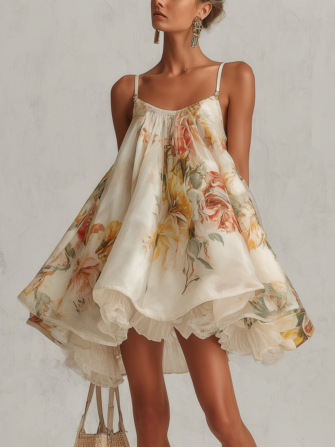 Abito mini A-line in organza floreale beige con bordino in pizzo