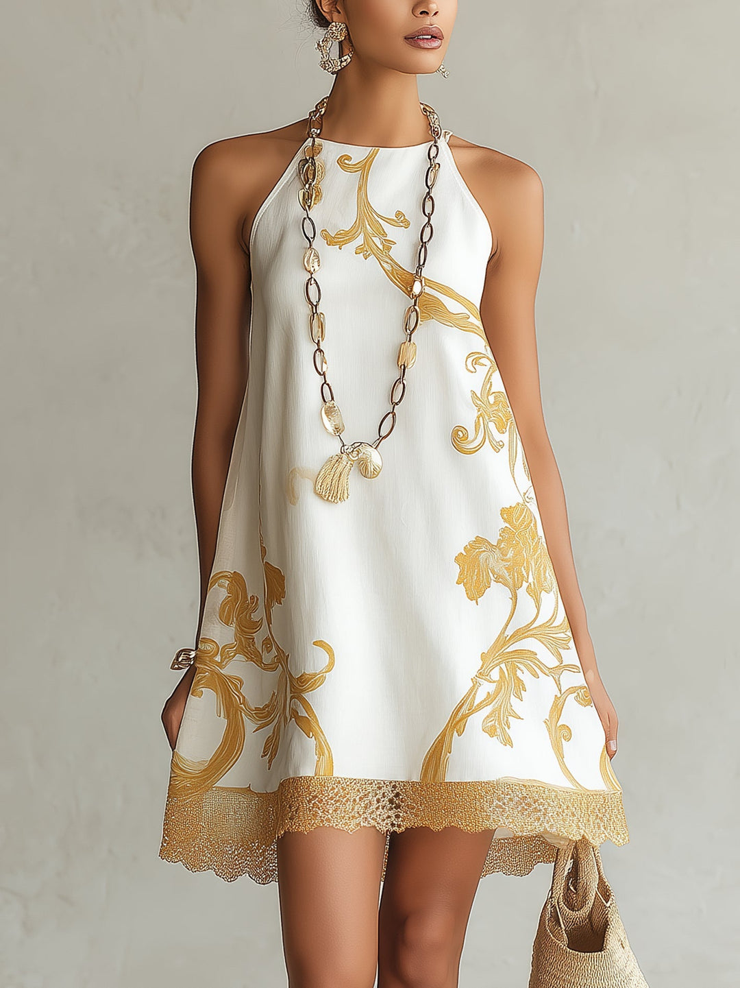 Abito Mini in Pizzo Stampato Oro Bianco