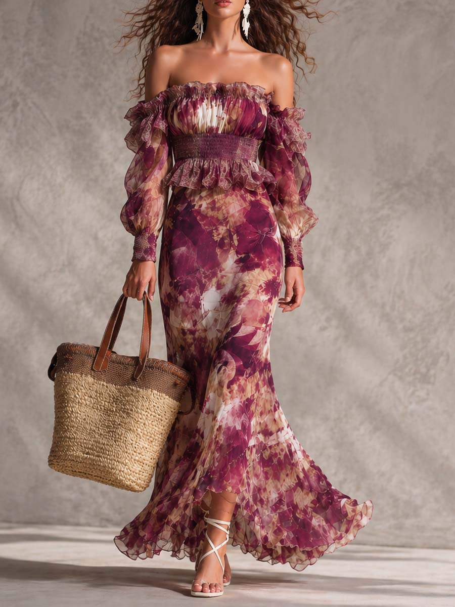 Abito Maxi in Chiffon Rosa Cipria con Fiori Off-Shoulder