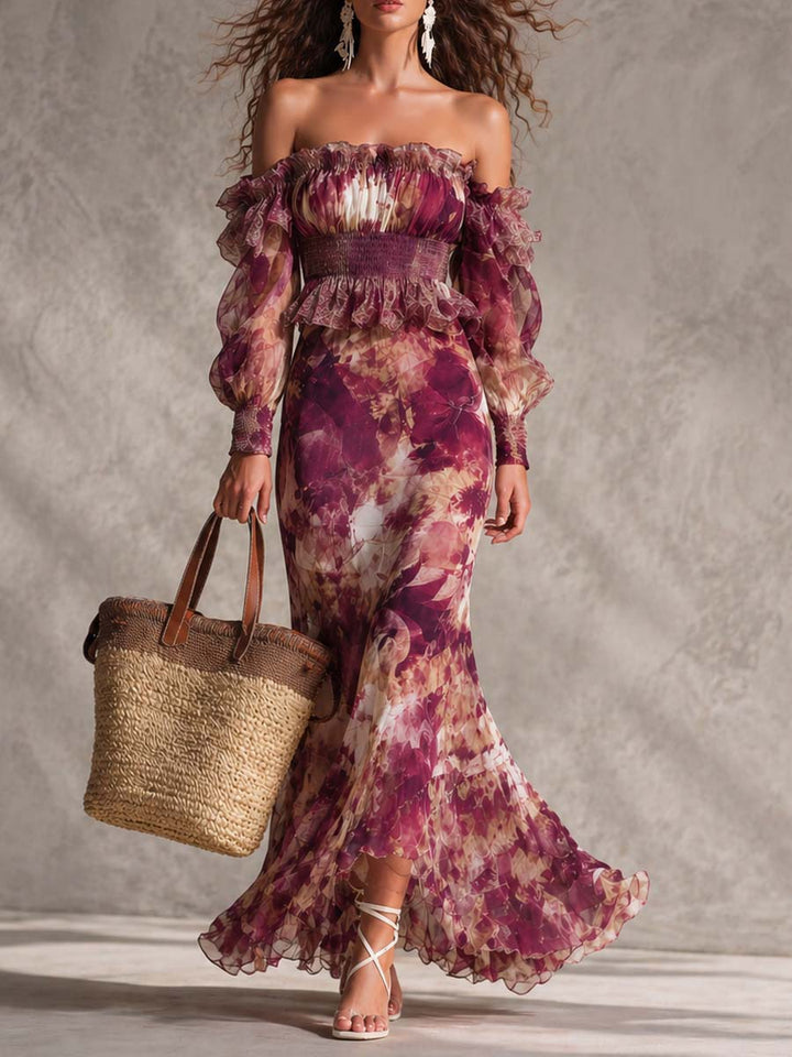 Abito Maxi in Chiffon Rosa Pink con Spalle Scoperte