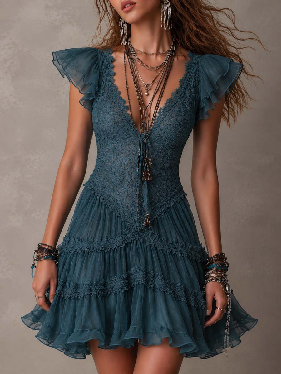 Mini Abito Ruffle in Pizzo e Chiffon Blu Retro