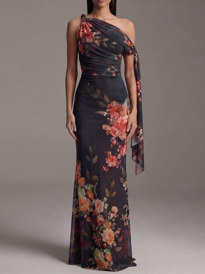 Abito Maxi Plissettato in Chiffon Stampato Nero a Spalla Unica