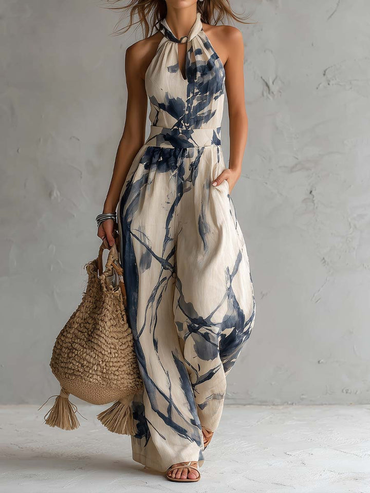 Jumpsuit a Scollo Halter con Stampa Inchiostro e Pantaloni Larghi con Tasche