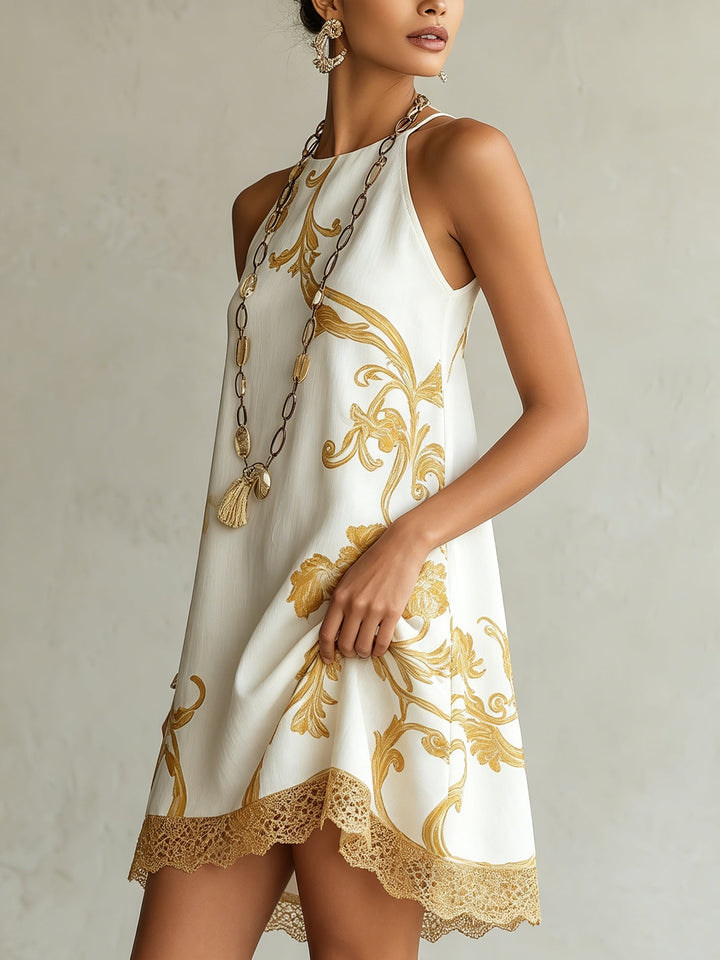 Abito Mini in Pizzo Stampato Oro Bianco