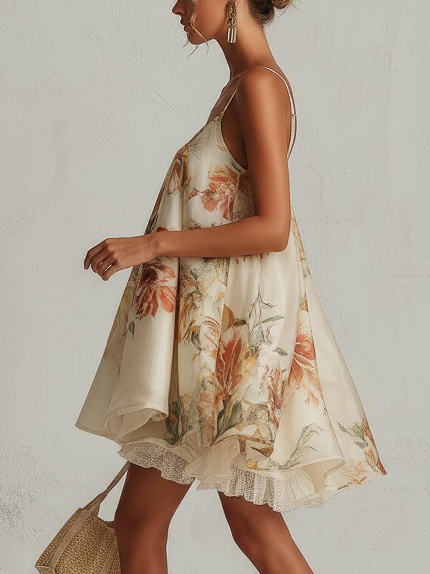 Abito mini A-line in organza floreale beige con bordino in pizzo