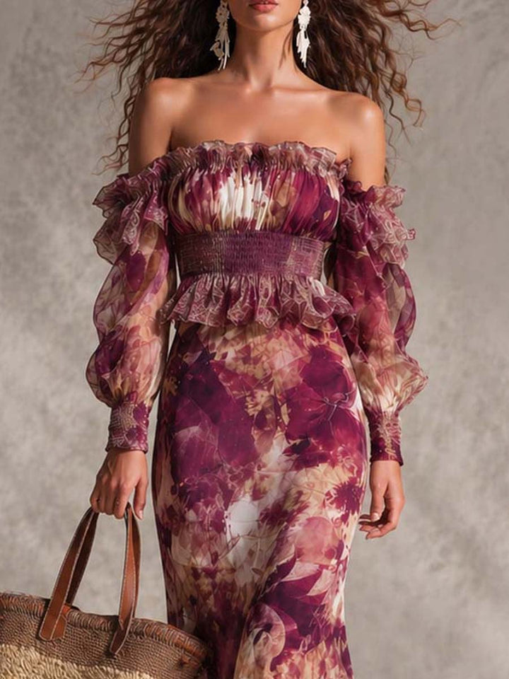 Abito Maxi in Chiffon Rosa Pink con Spalle Scoperte