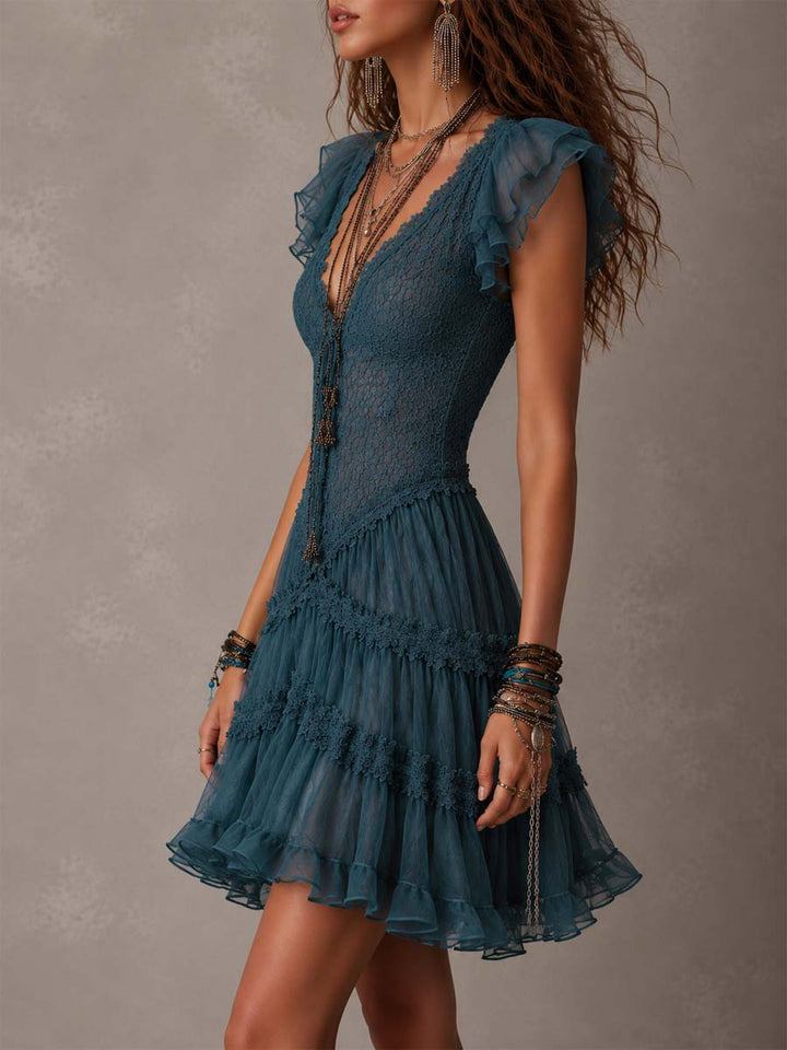 Mini Abito Ruffle in Pizzo e Chiffon Blu Retro