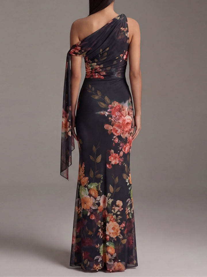Abito Maxi Plissettato in Chiffon Stampato Nero a Spalla Unica