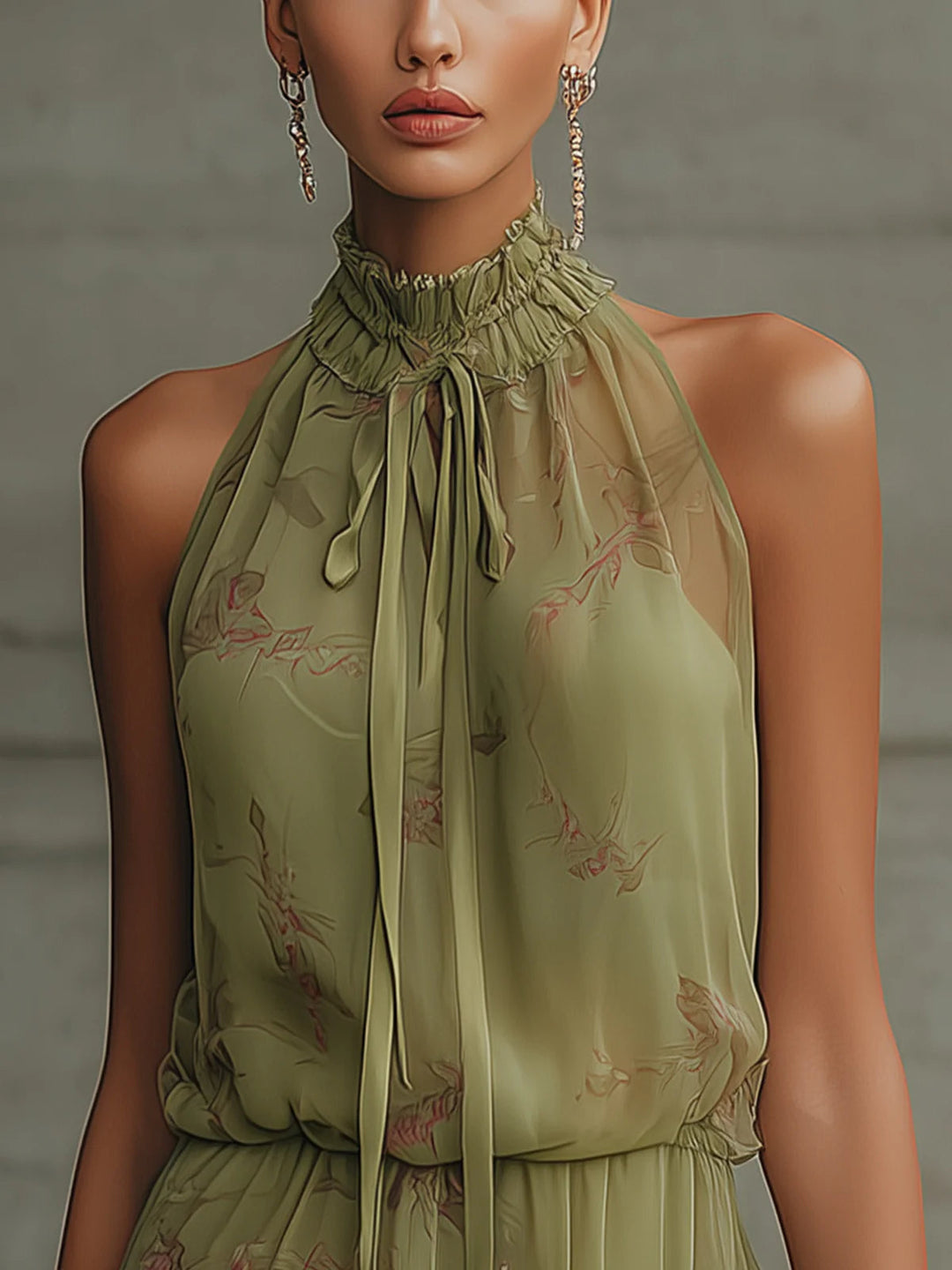 Abito Mini in Chiffon con Vita a Nastro Verde