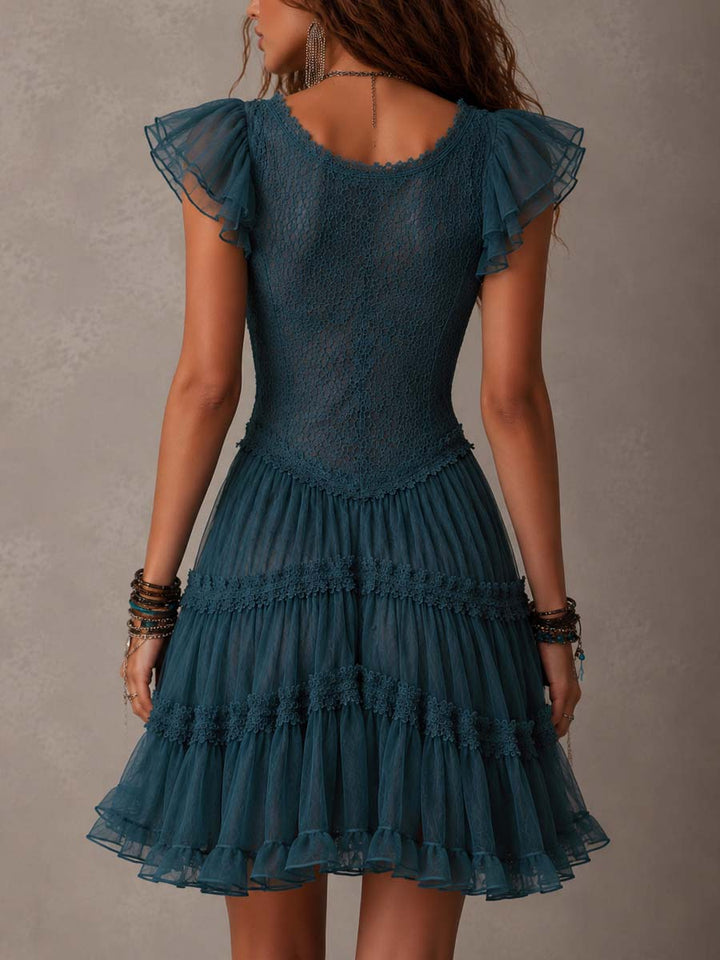 Mini Abito Ruffle in Pizzo e Chiffon Blu Retro