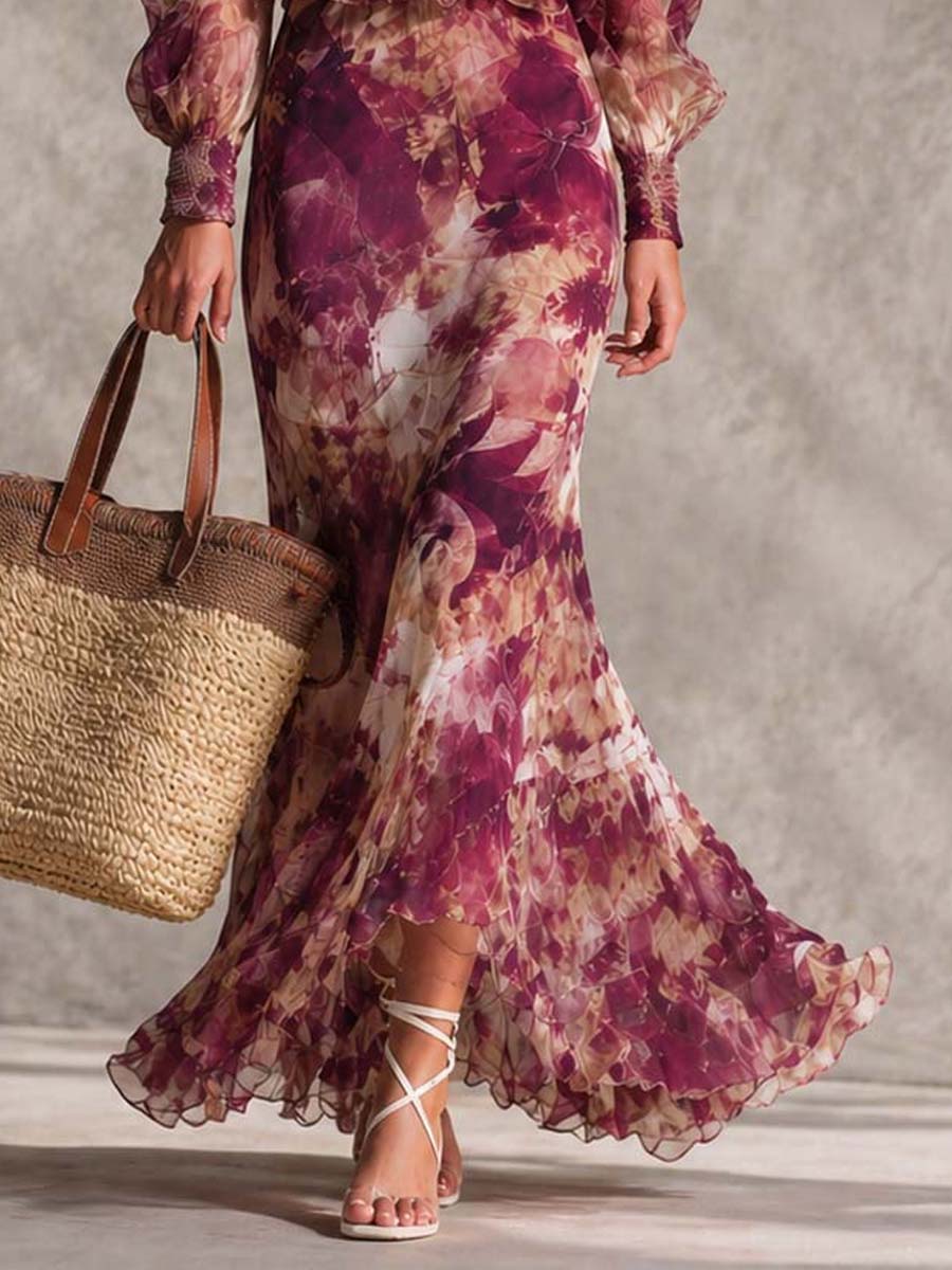 Abito Maxi in Chiffon Rosa Cipria con Fiori Off-Shoulder