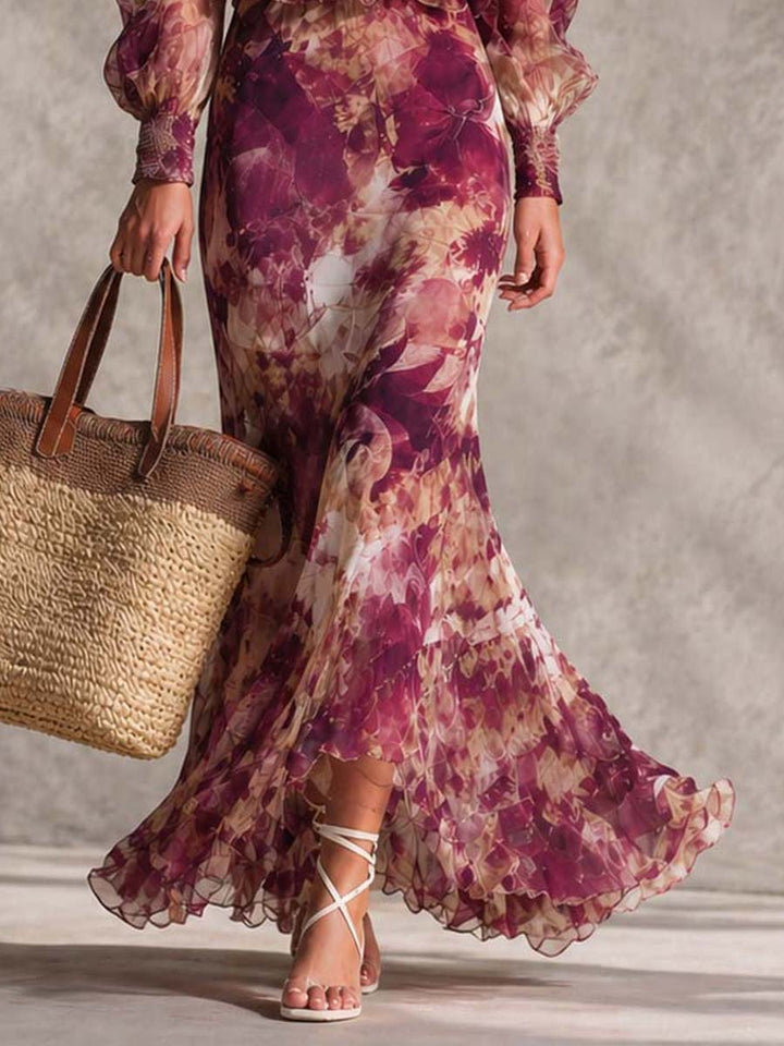 Abito Maxi in Chiffon Rosa Cipria con Fiori Off-Shoulder