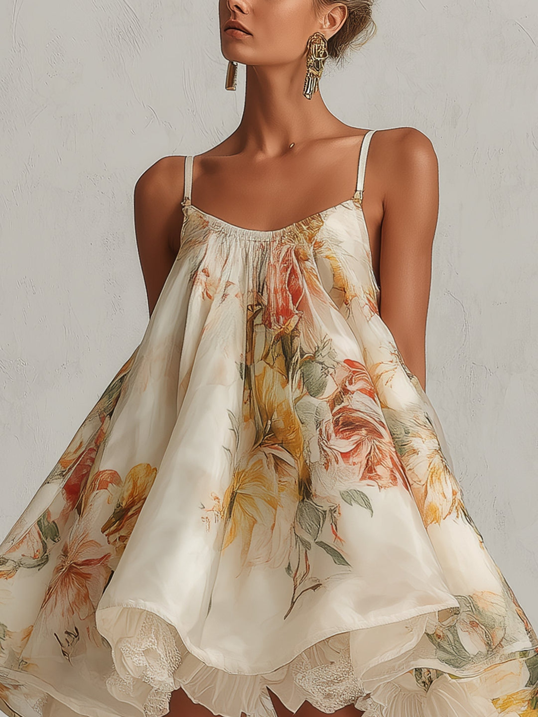 Abito mini A-line in organza floreale beige con bordino in pizzo