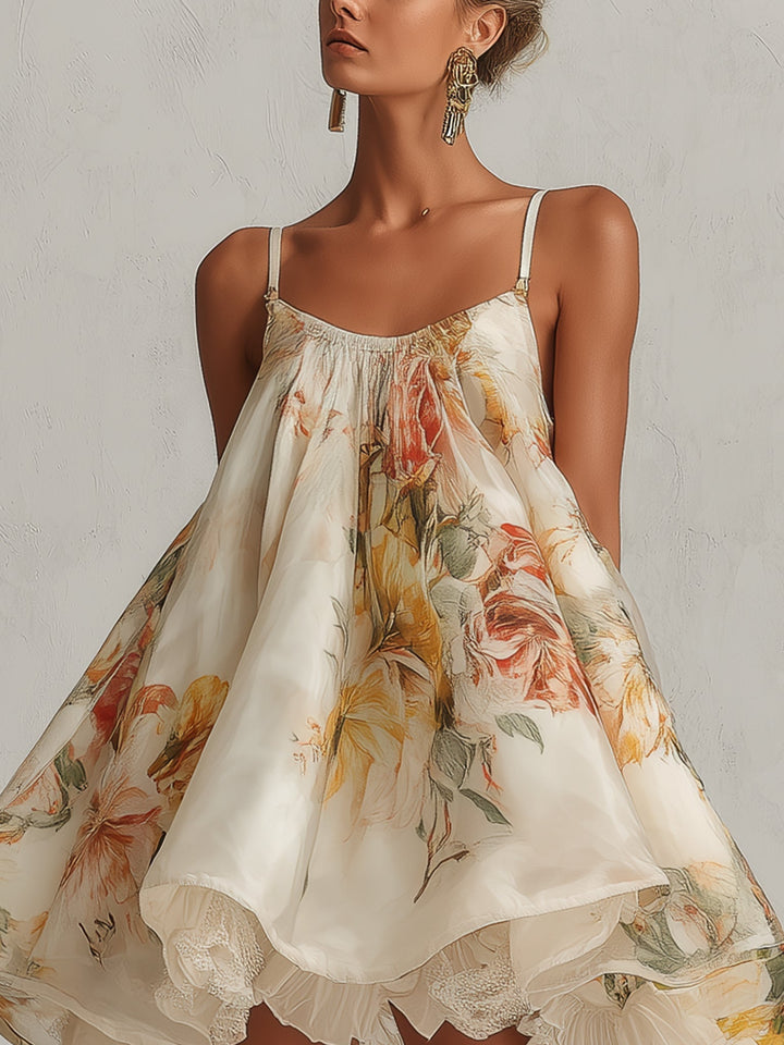 Abito mini A-line in organza floreale beige con bordino in pizzo