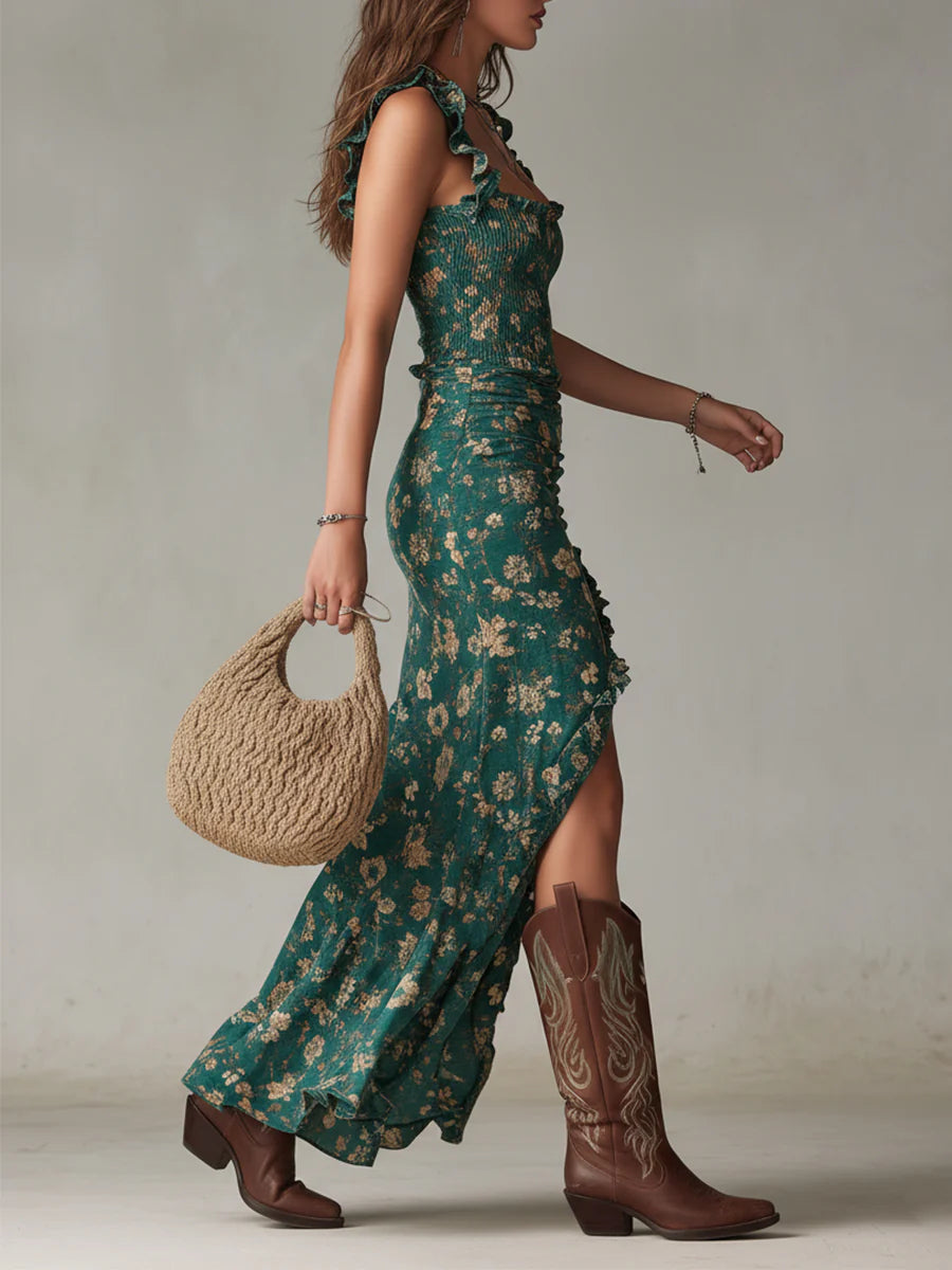 Abito Maxy Stampato Verde Bohemien con Maniche Ruffle