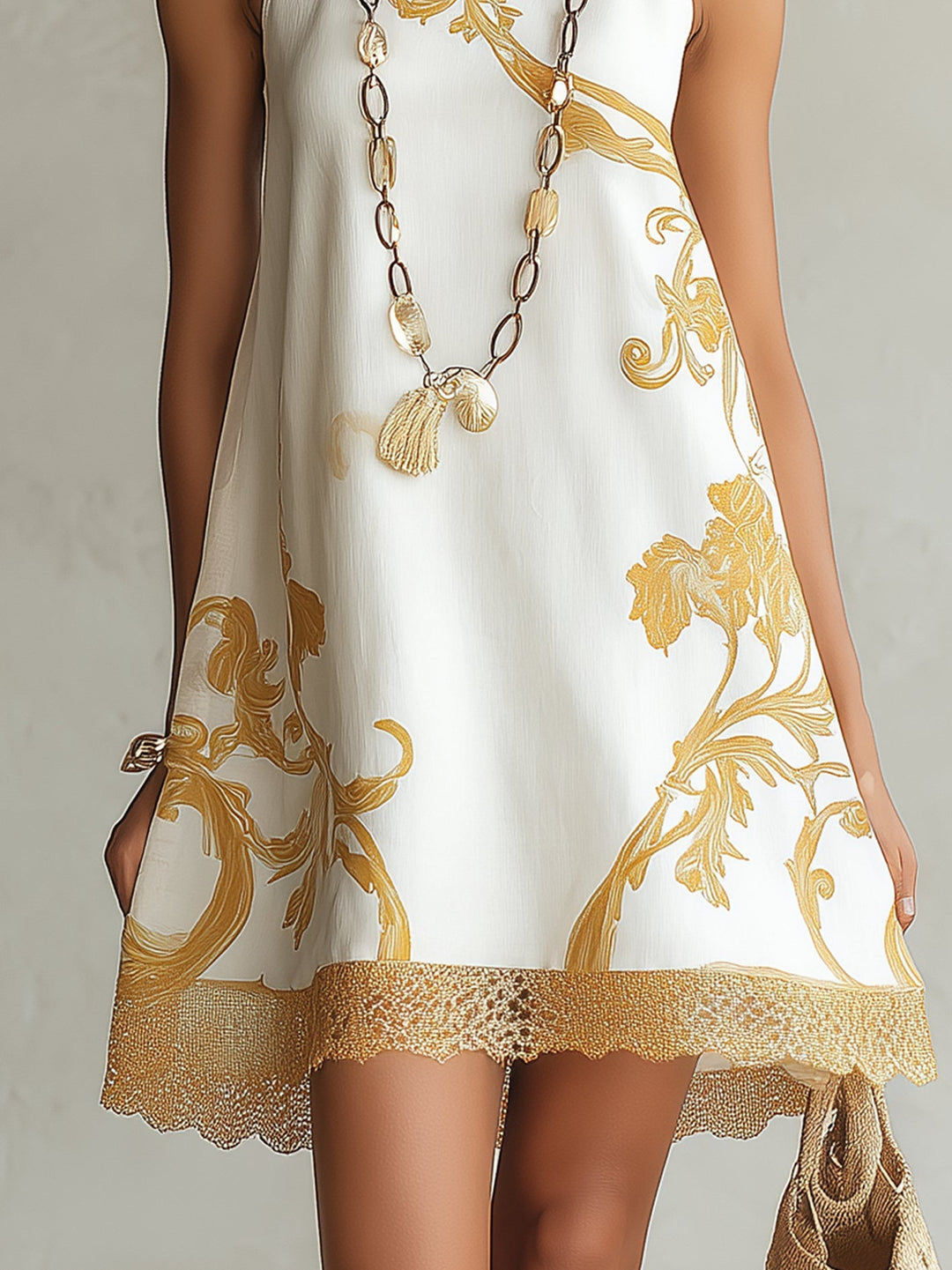 Abito Mini in Pizzo Stampato Oro Bianco