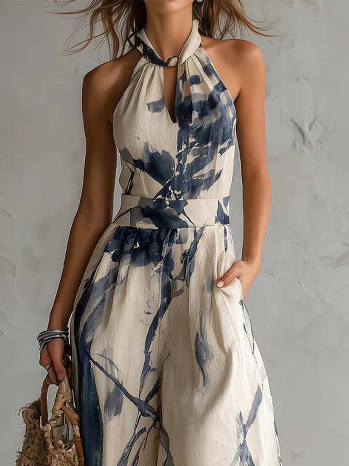 Jumpsuit a Scollo Halter con Stampa Inchiostro e Pantaloni Larghi con Tasche