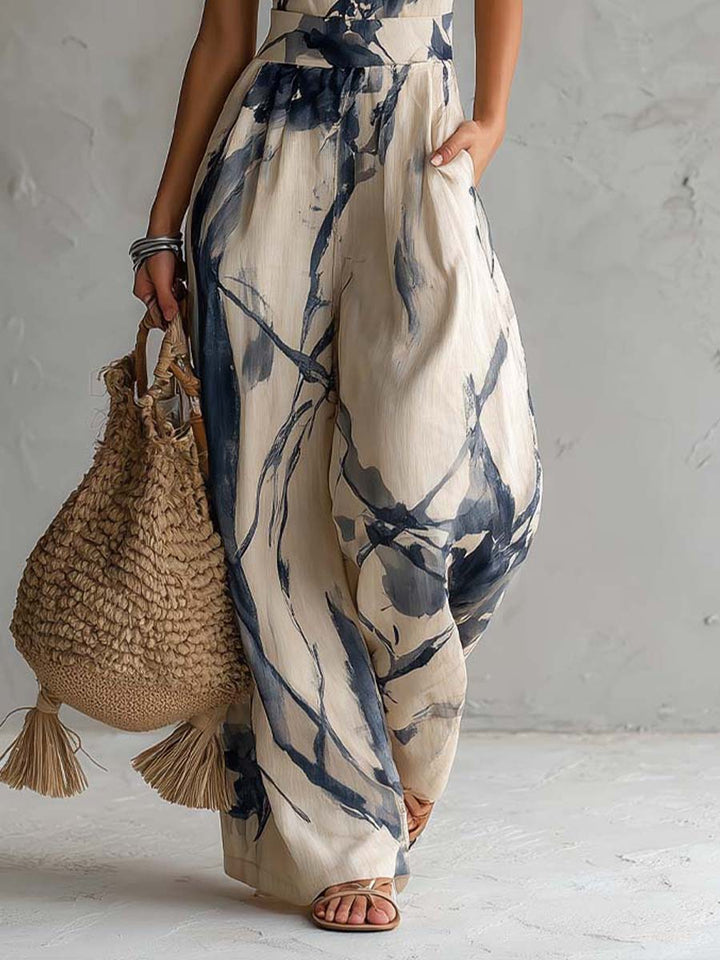 Jumpsuit a Scollo Halter con Stampa Inchiostro e Pantaloni Larghi con Tasche
