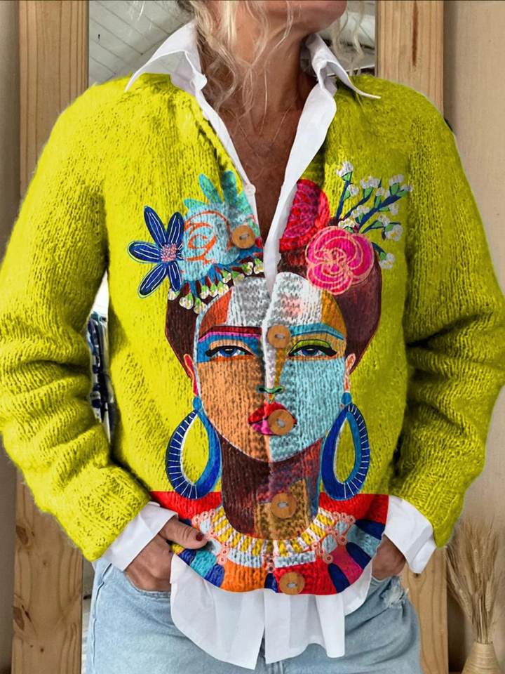 Cardigan con stampa artistica di ritratti e bottoni