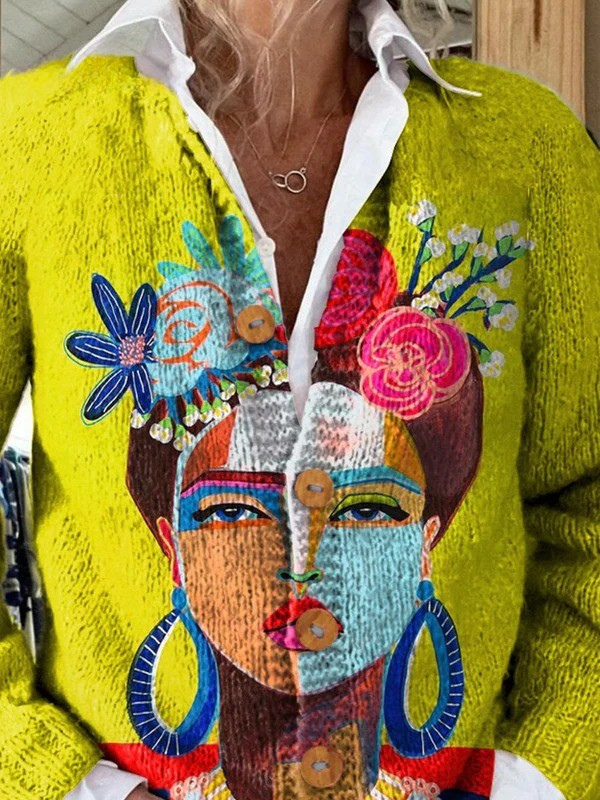 Cardigan con stampa artistica di ritratti e bottoni