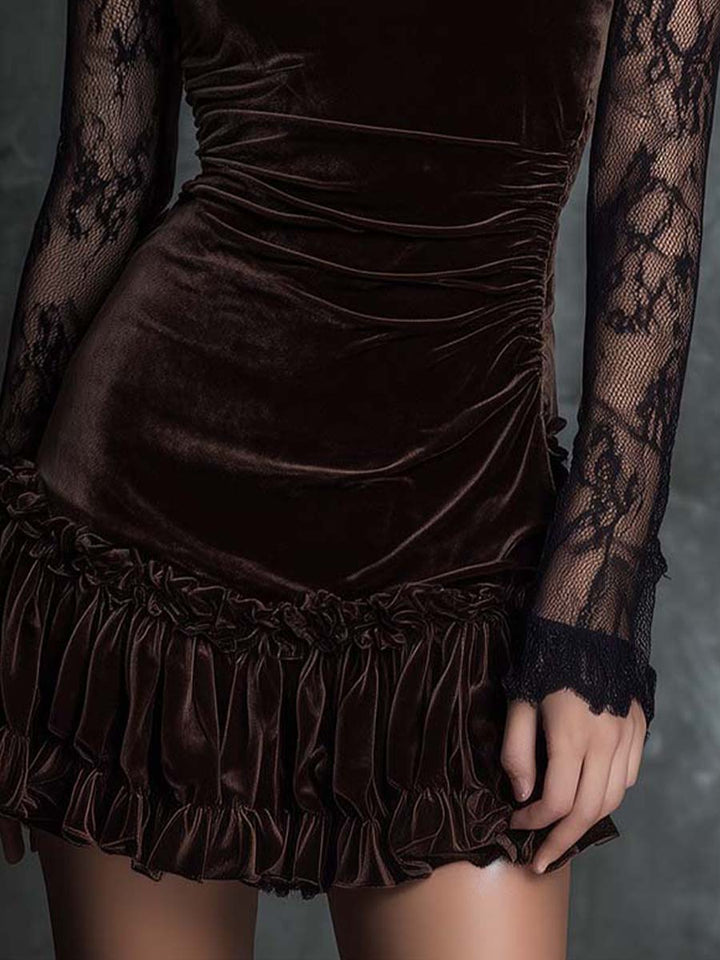 Abito mini plissettato in pizzo vellutato chocolate goth