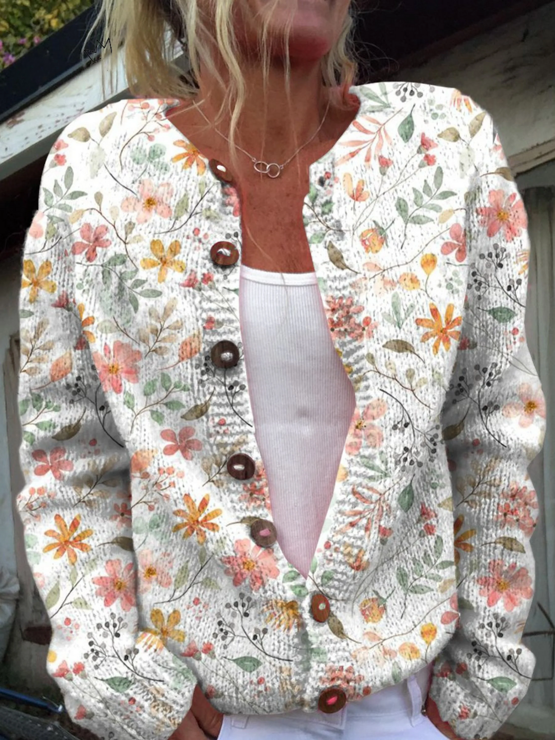 Cardigan con stampa artistica autunnale di foglie d'acero e bottoni