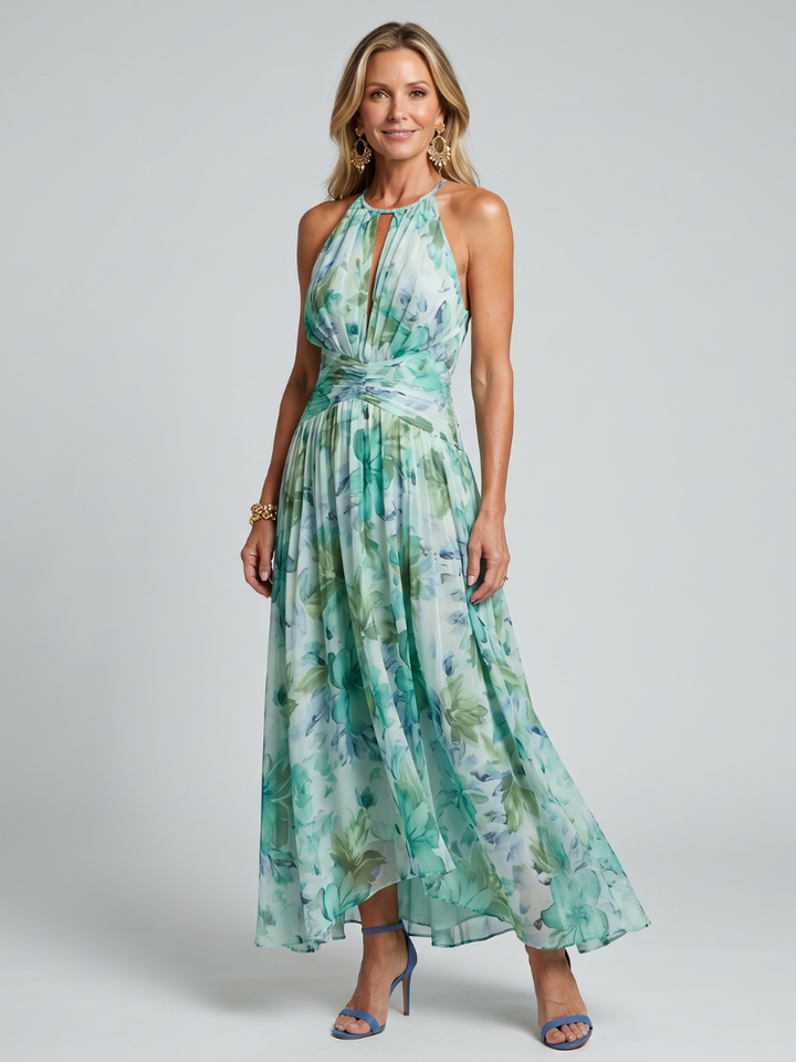 Portia™ Abito Midi a Pieghe con Scollo Halter e Motivo Floreale Soft