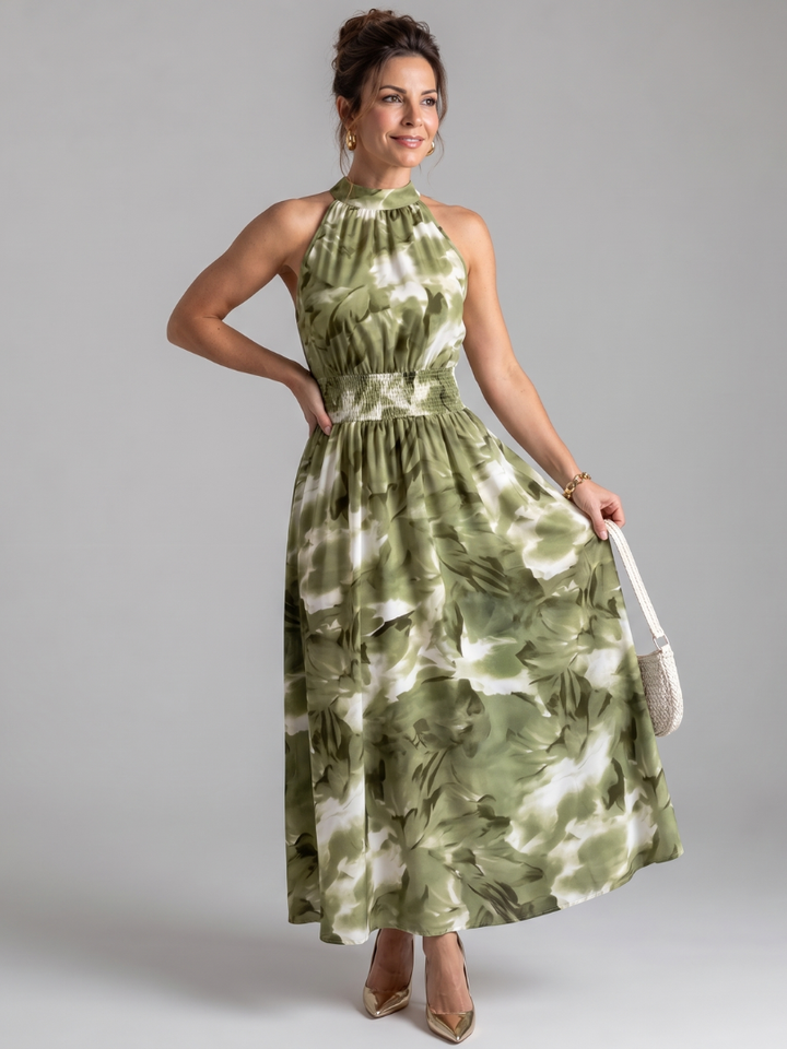 Olivia™ Abito Midi con Vita Arricciata e Stampa Astratta