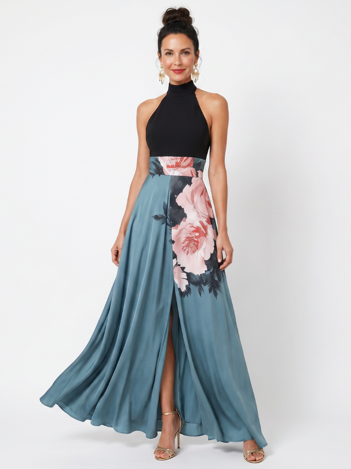 Abito Maxi con Scollo Halter e Gonna Floreale Olympas™