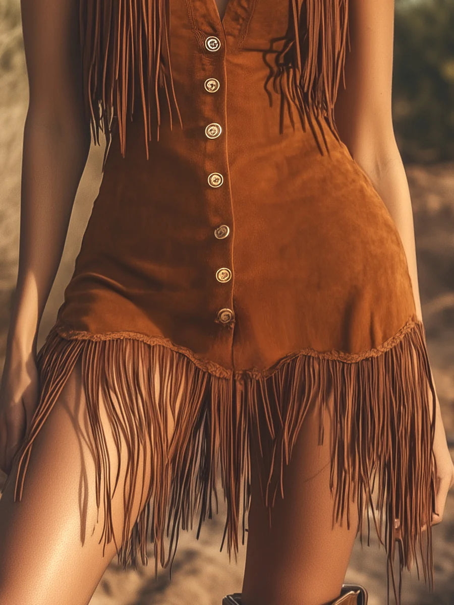 Abito Mini Senza Maniche in Suede Marrone Occidentale con Frange