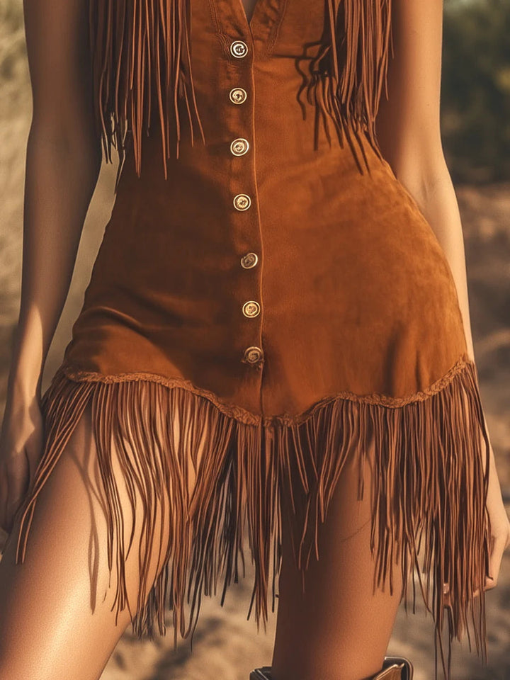 Abito Mini Senza Maniche in Suede Marrone Occidentale con Frange