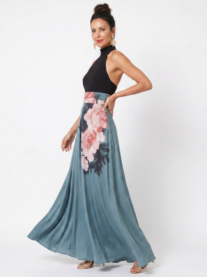 Abito Maxi con Scollo Halter e Gonna Floreale Olympas™