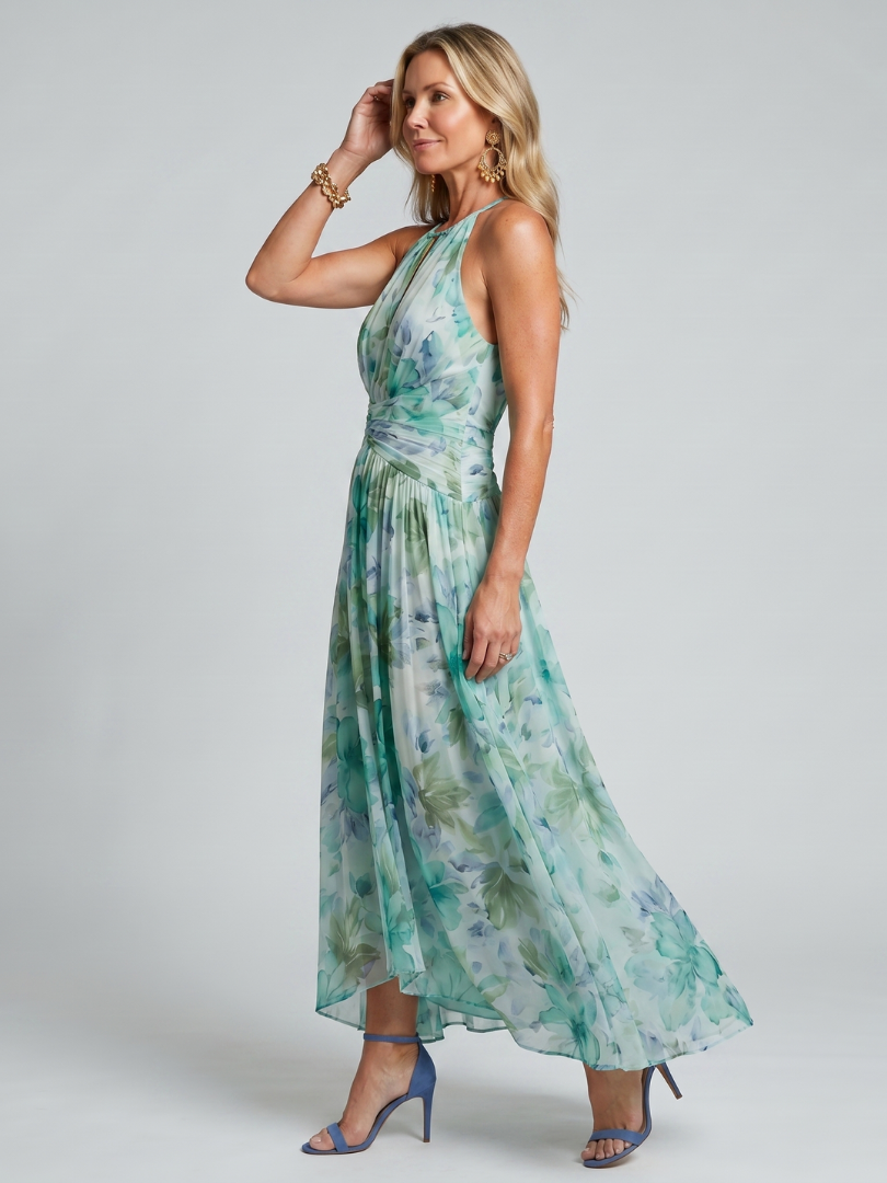 Portia™ Abito Midi a Pieghe con Scollo Halter e Motivo Floreale Soft