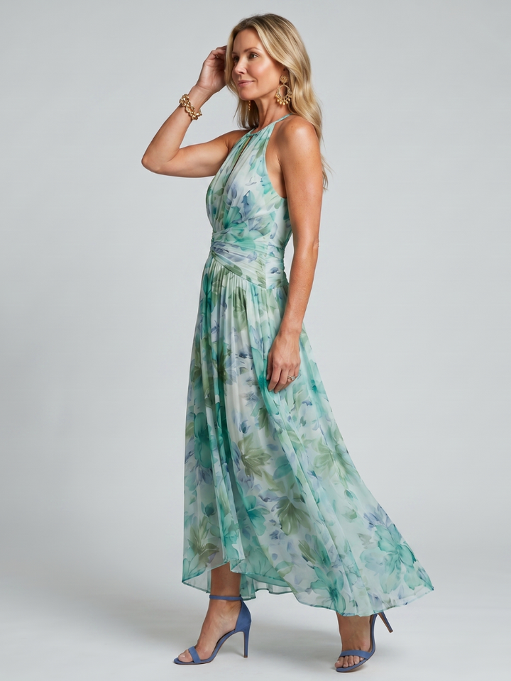 Portia™ Abito Midi a Pieghe con Scollo Halter e Motivo Floreale Soft