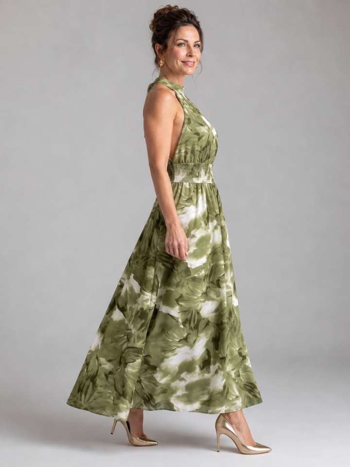 Olivia™ Abito Midi con Vita Arricciata e Stampa Astratta