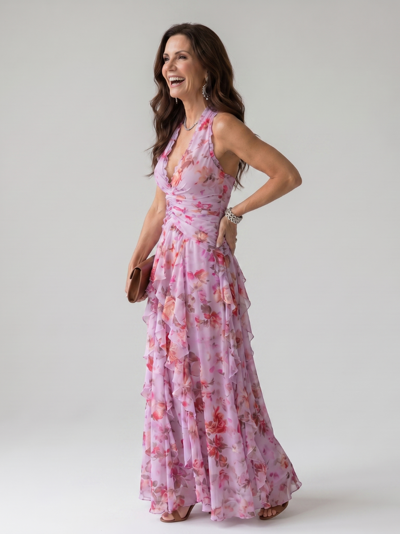 Abito Maxi Floreale con Corpino Arricciato Nori™