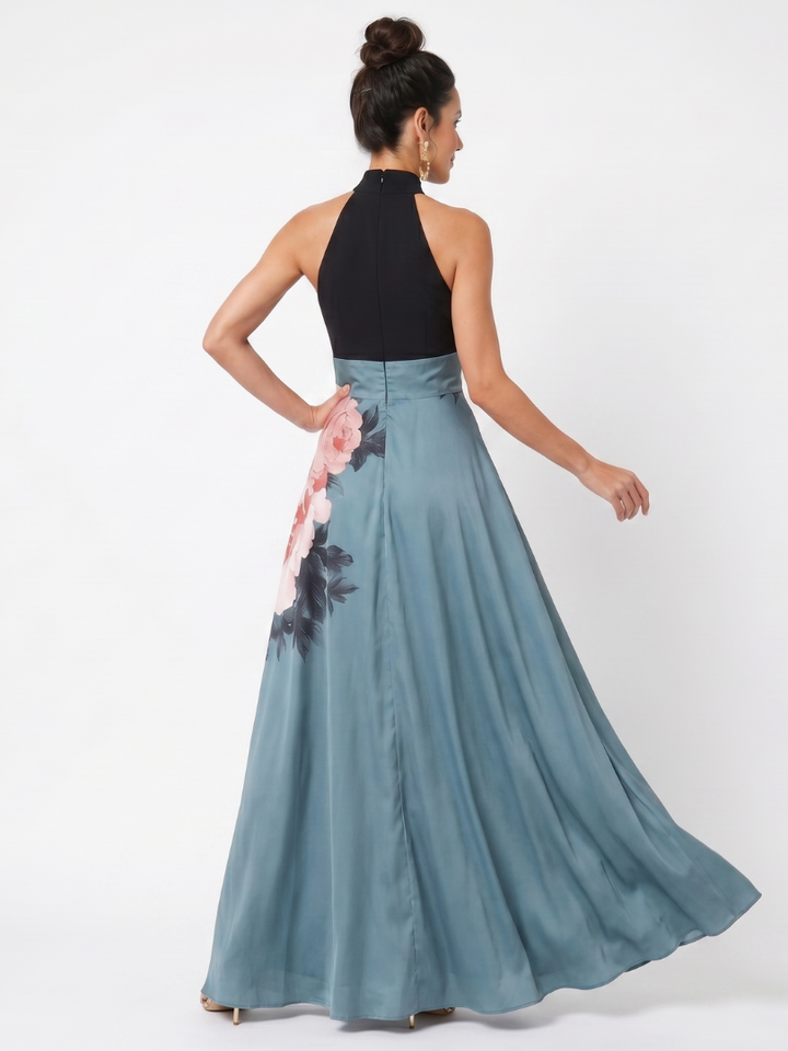 Abito Maxi con Scollo Halter e Gonna Floreale Olympas™