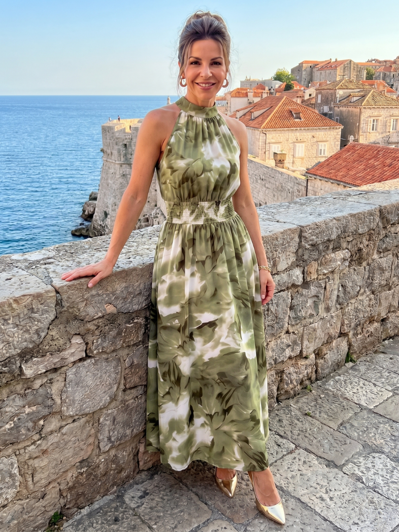 Olivia™ Abito Midi con Vita Arricciata e Stampa Astratta