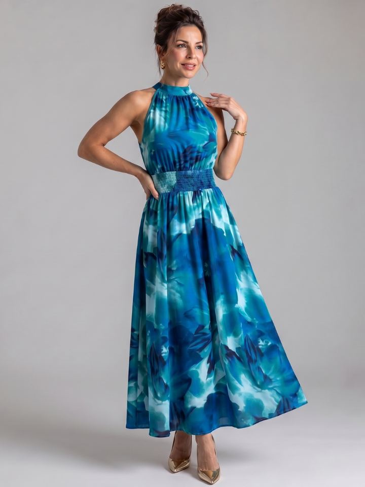 Olivia™ Abito Midi con Vita Arricciata e Stampa Astratta