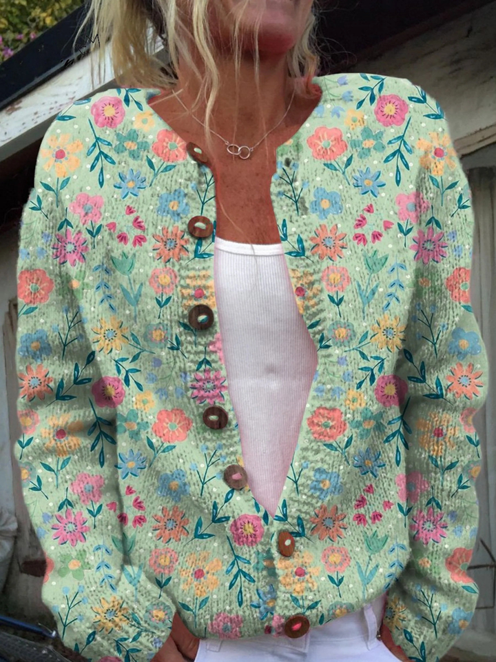 Cardigan casual con stampa floreale e bottoni
