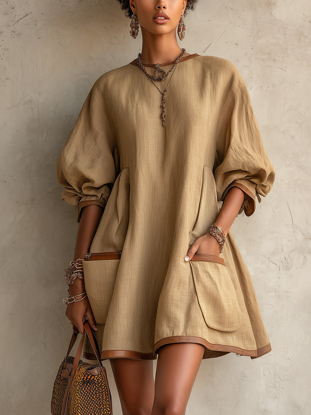 Abito Mini Oversize in Lino Khaki con Maniche a Palloncino e Tasche