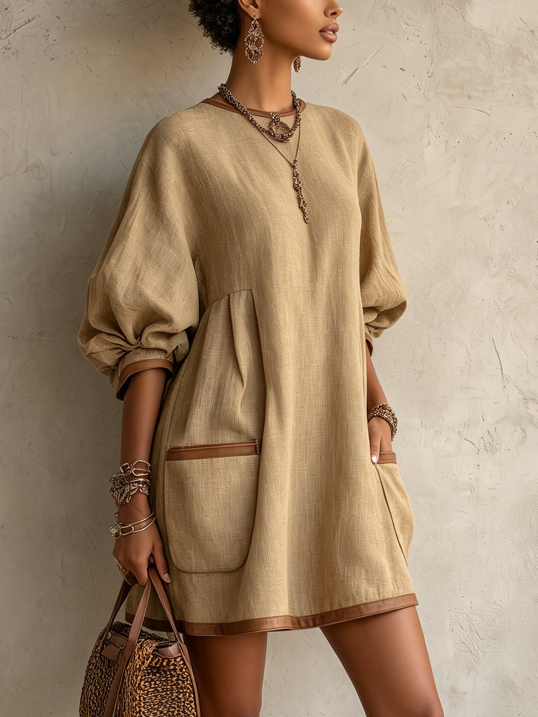 Abito Mini Oversize in Lino Khaki con Maniche a Palloncino e Tasche