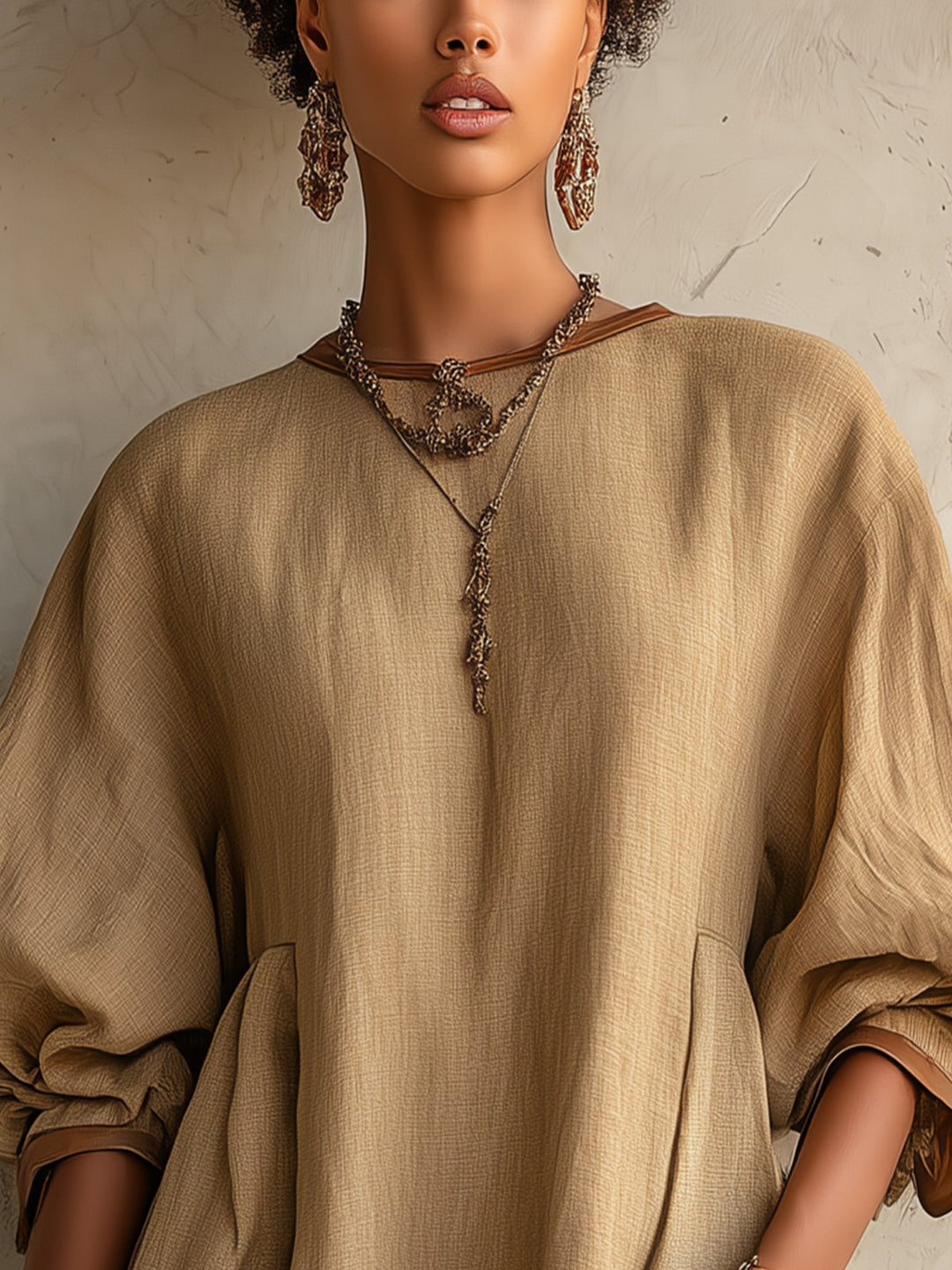 Abito Mini Oversize in Lino Khaki con Maniche a Palloncino e Tasche