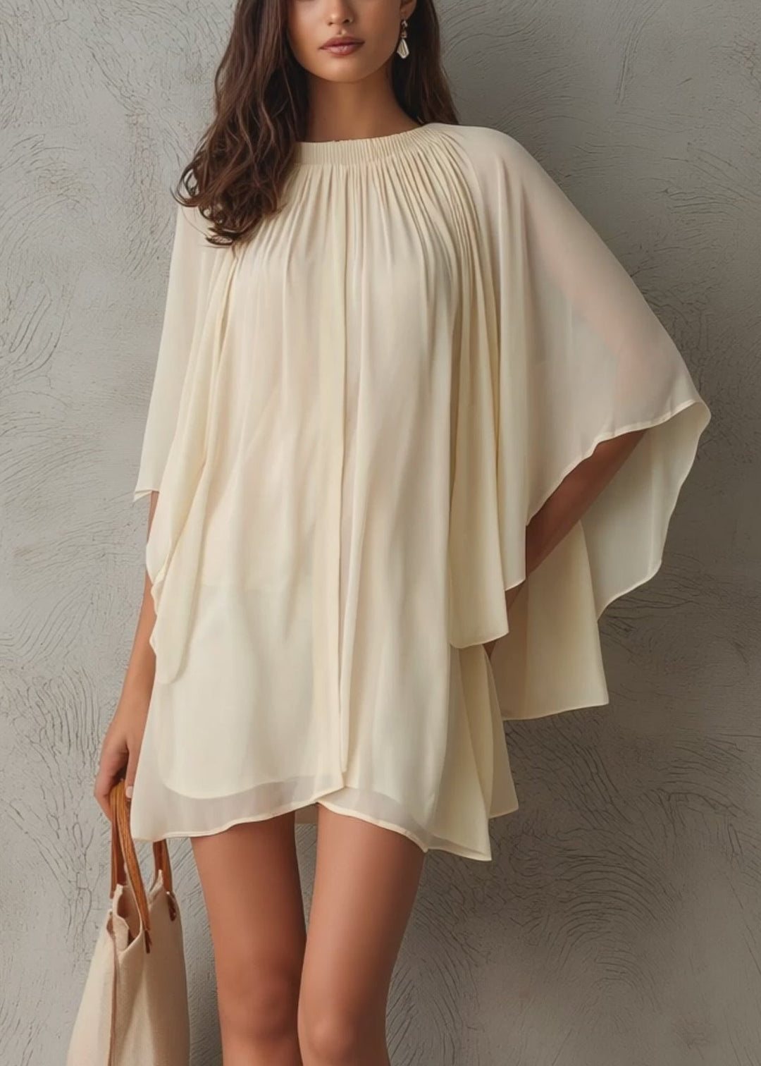 Abito Mini in Chiffon Beige con Maniche a Cappuccio per Donna