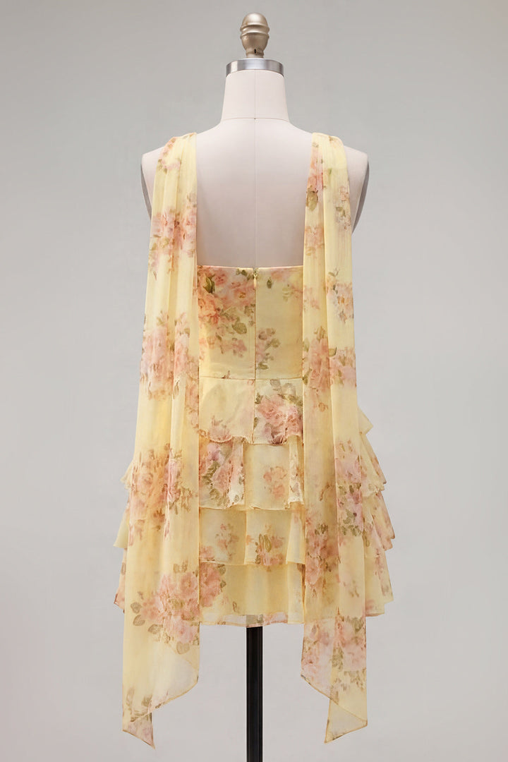 Abito A-Line Giallo Floreale Senza Spalline con Scarf in Chiffon