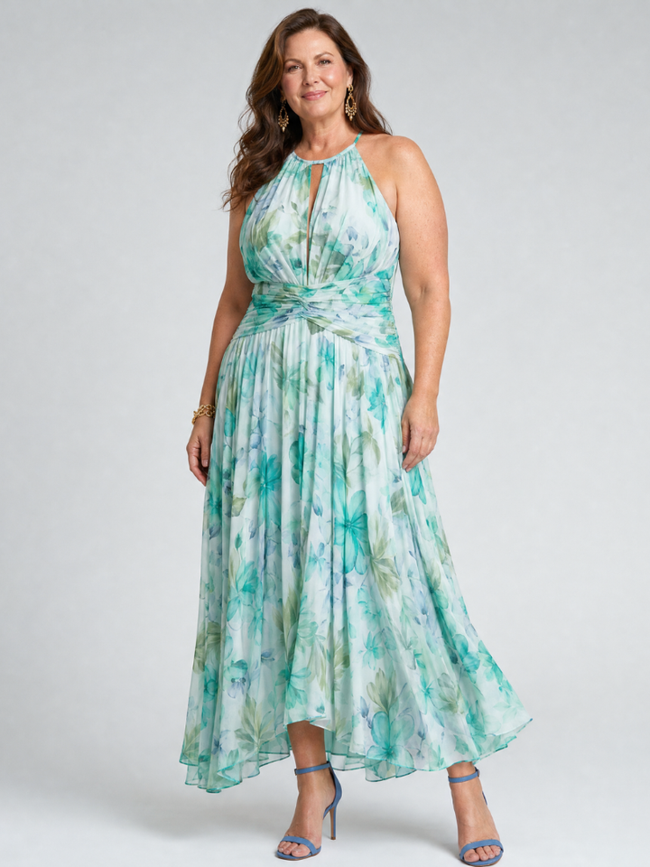 Portia™ Abito Midi a Pieghe con Scollo Halter e Motivo Floreale Soft