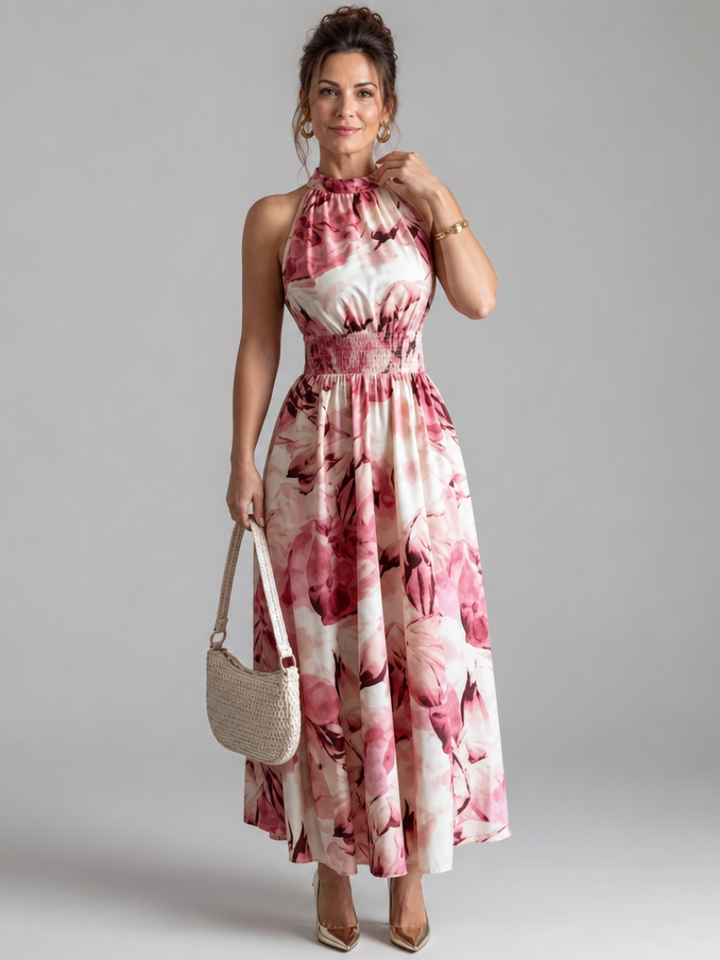 Olivia™ Abito Midi con Vita Arricciata e Stampa Astratta