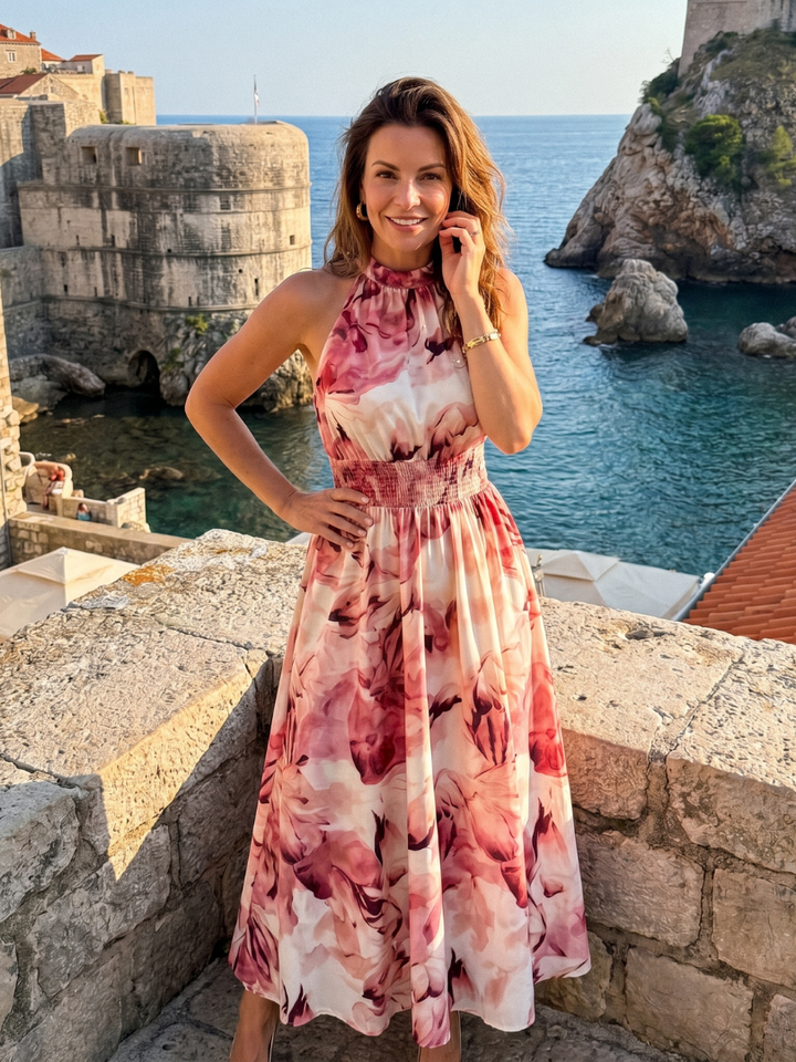 Olivia™ Abito Midi con Vita Arricciata e Stampa Astratta