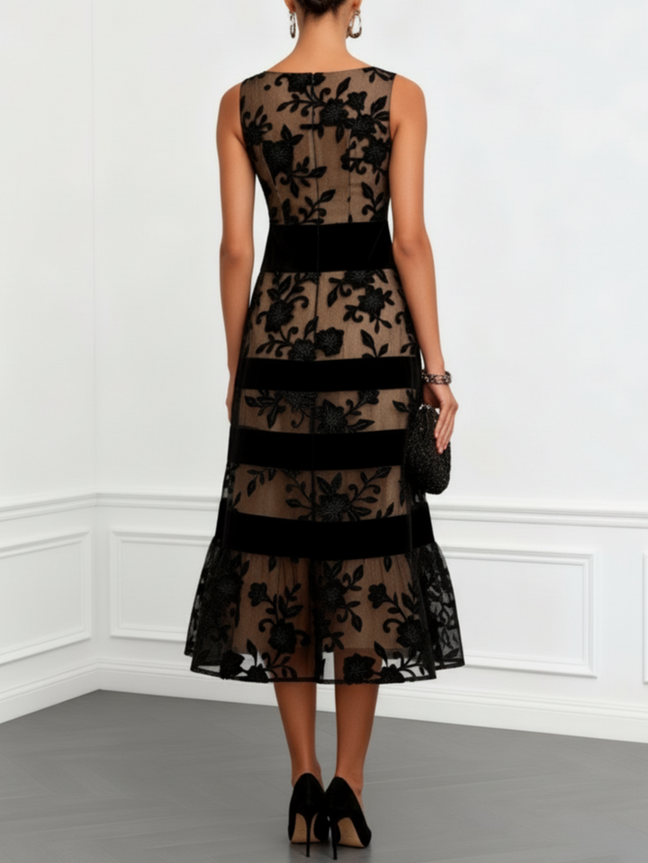 Abito Midi A-Line Senza Maniche in Rete Nera con Fiori