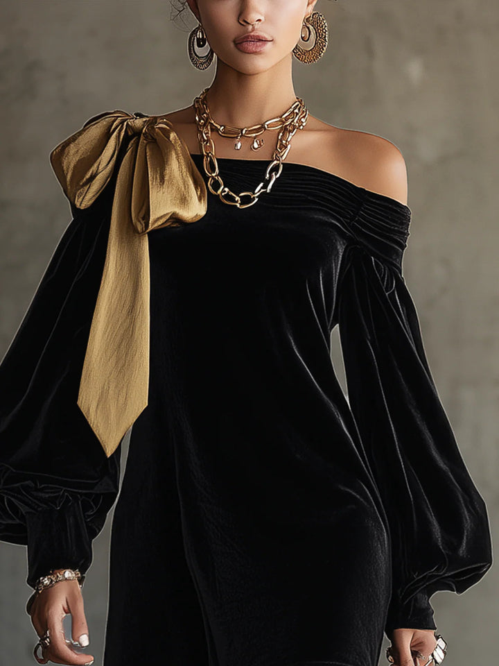 Abito Mini in Patchwork di Velluto Nero e Raso Oro Off The Shoulder